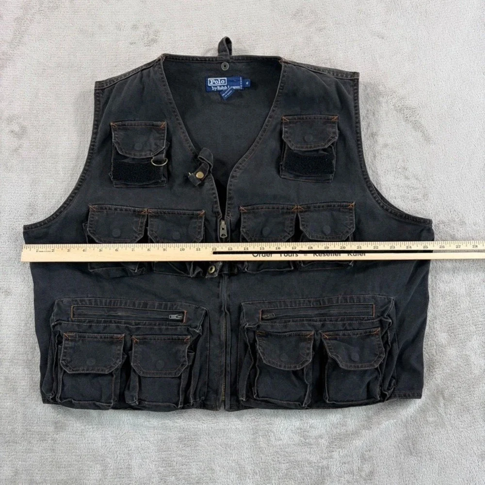 Vintage 90s 80s Polo Ralph Lauren Hunting Utility Vest in Charcoal Denim Men XL